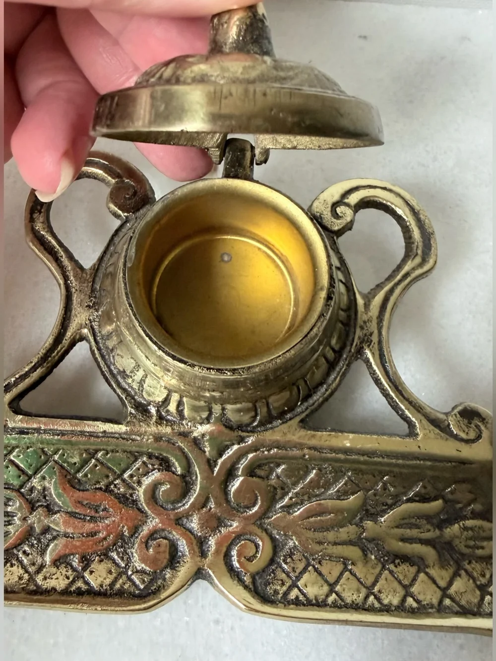 Brass Ink Well and Pen Rest - Antique-Style Brass Finish